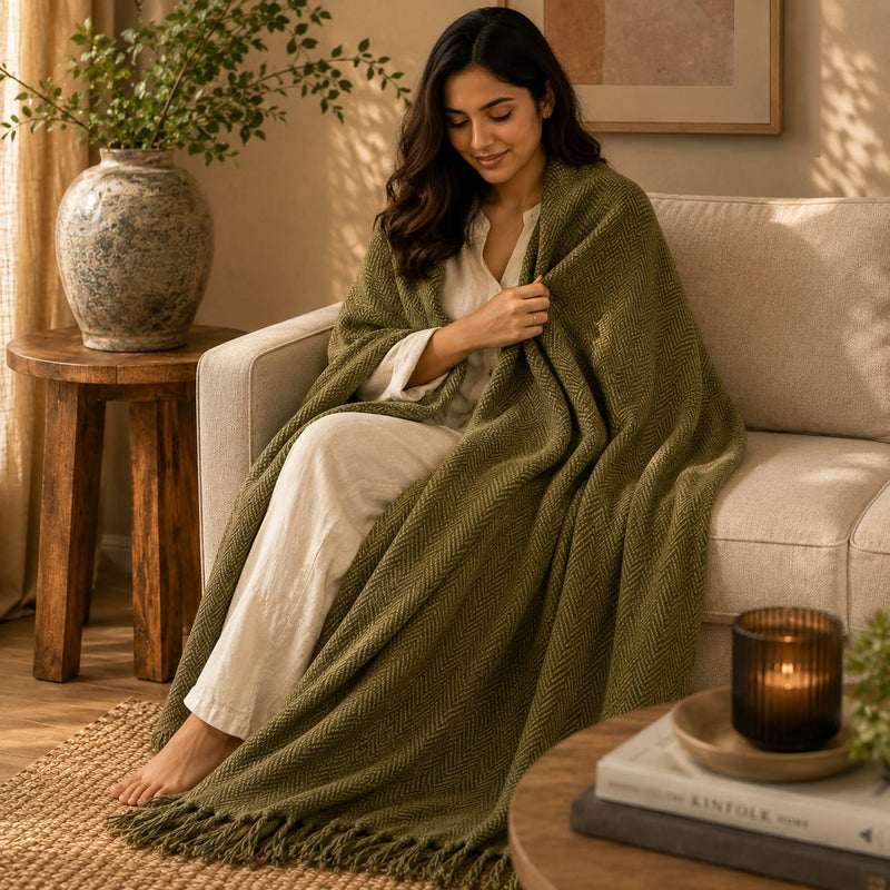 Olive Herringbone Throw
