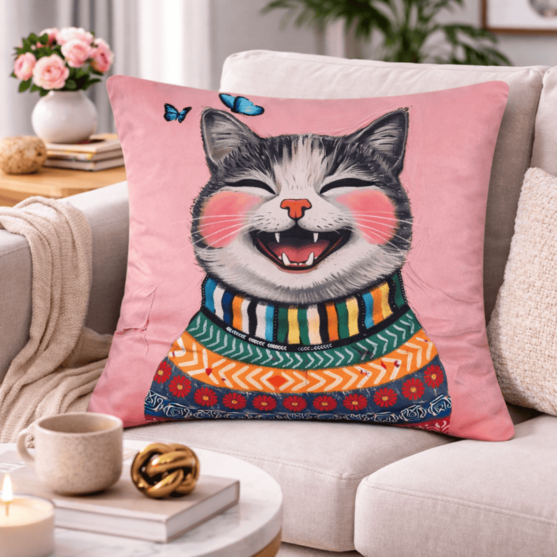 Hand Embroidered Joyful Cat Cushion Cover