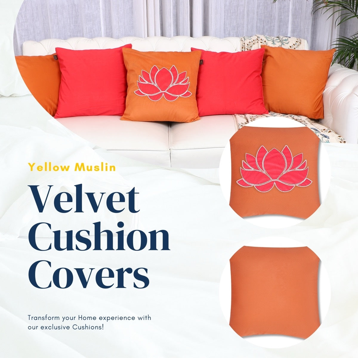 Lotus Grace Hand Embroidered Cushion Covers – Set of 5