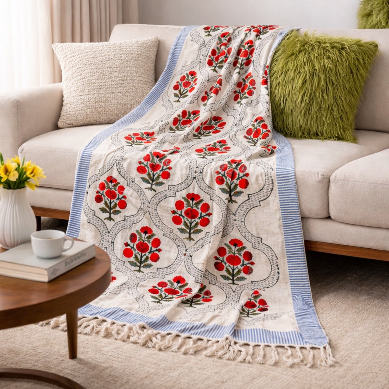 Rose Heritage Hand Block Printed All-Season Throw