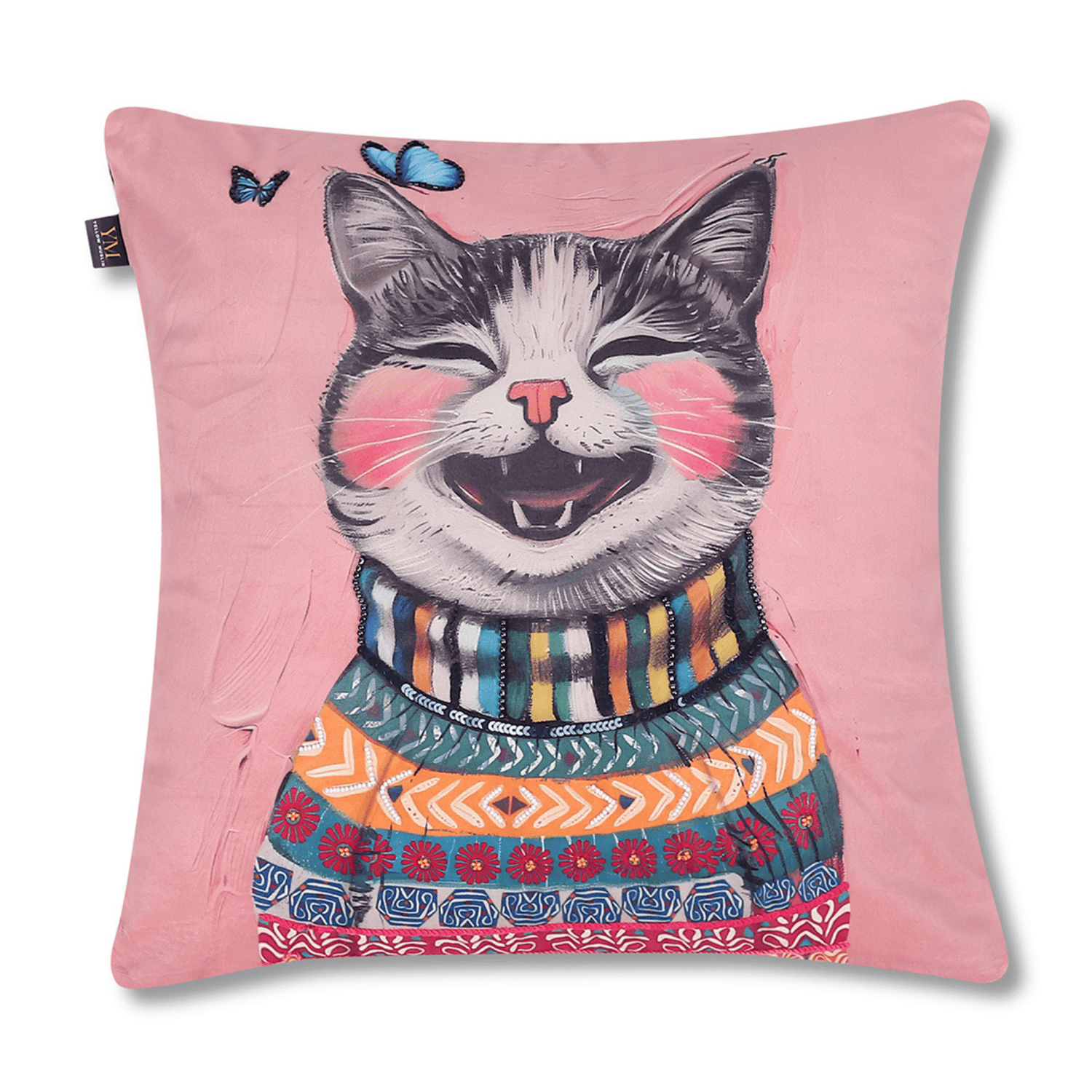 Hand Embroidered Joyful Cat Cushion Cover