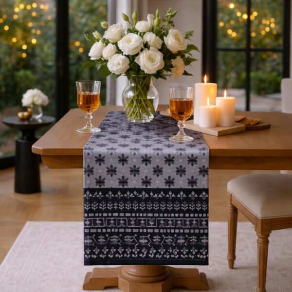 Grey Black Cotton Printed Table Runner 90 x 35 cm | Elegant Fabric Runner for Dining, Coffee & Console Table – Yellow Muslin