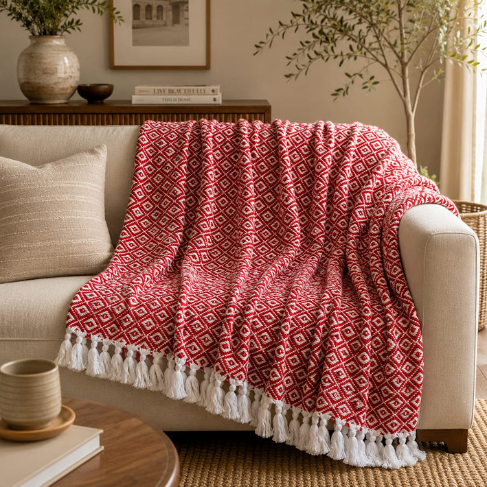 Crimson Loom Self-Weaved Cotton Throw