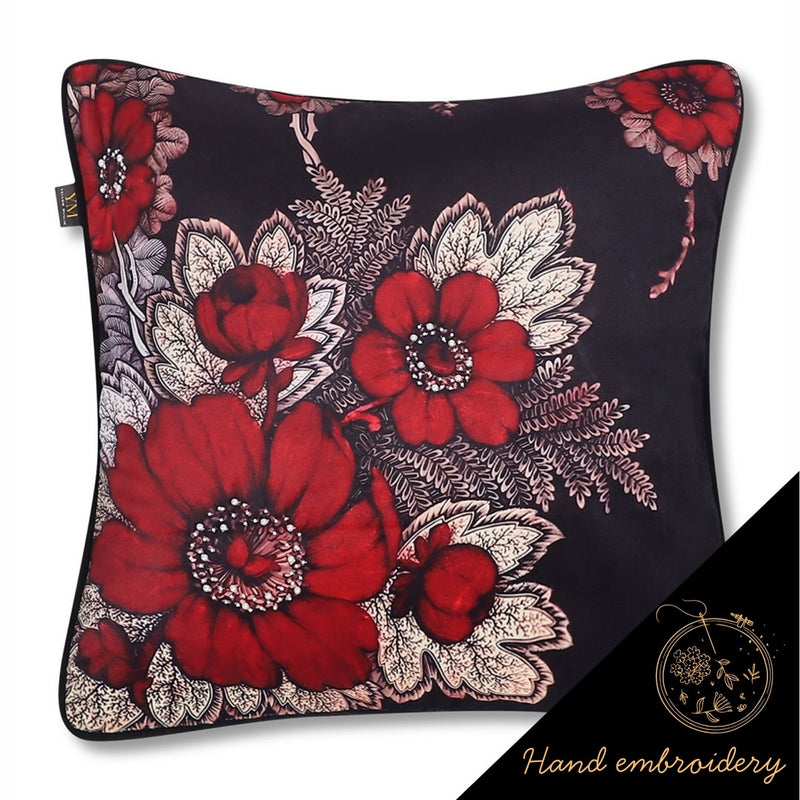 Hand Embroidered Poppy Velvet Cushion Covers – Set of 3