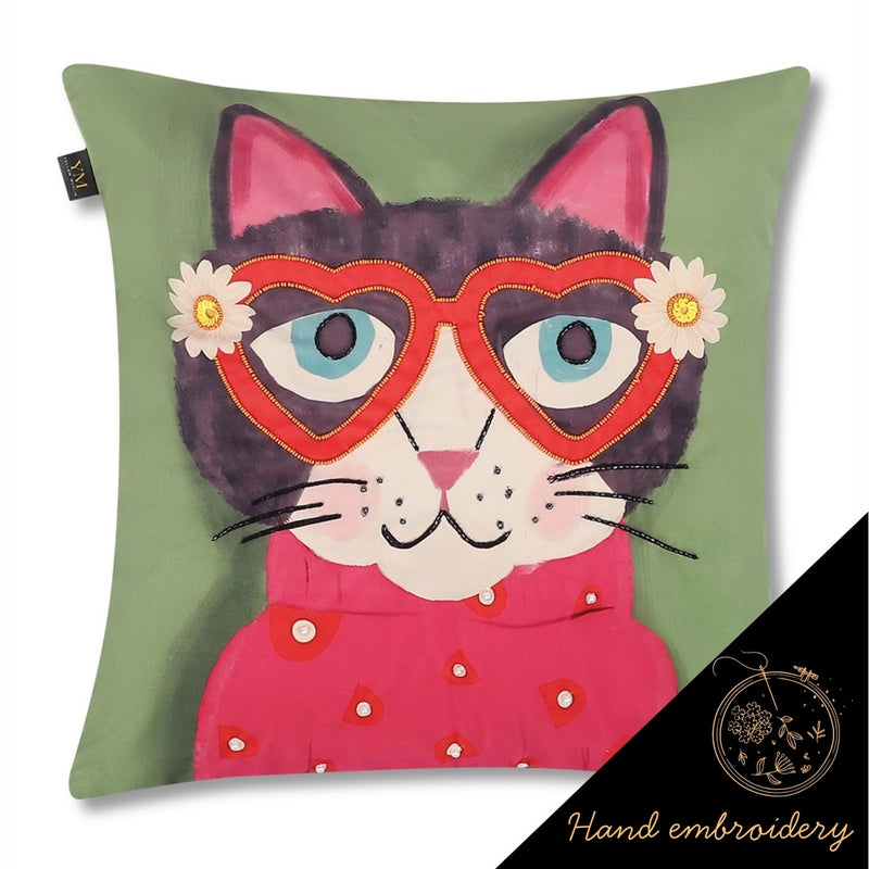 Playful Cat Embroidered Velvet Cushion Covers – Set of 3
