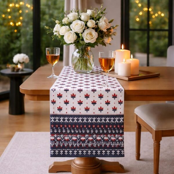 Blue Cotton Printed Table Runner 90 x 35 cm | Elegant Fabric Runner for Dining, Coffee & Console Table – Yellow Muslin
