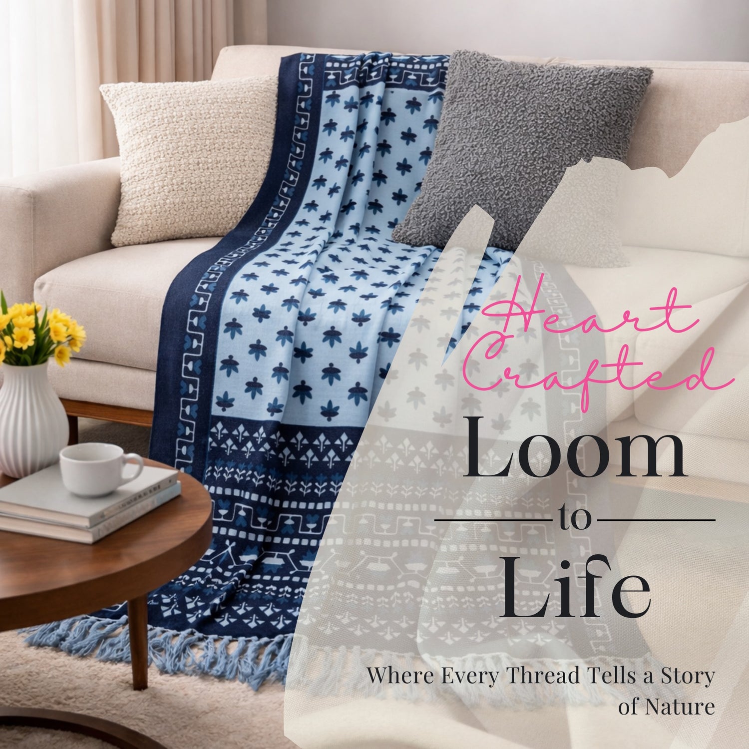 Blue Heritage Folk Hand Printed Throw