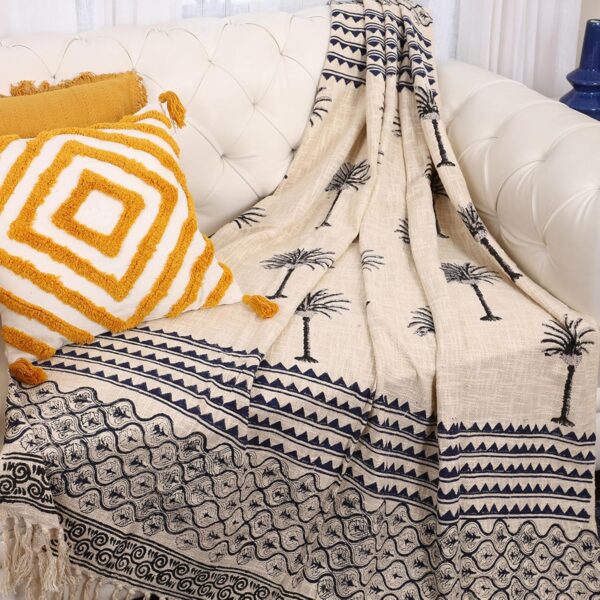 Black Palm Tree Printed 130 x 180 cm Cotton Throw with Tassels | Designer Niharika Pandey | Yellow Muslin