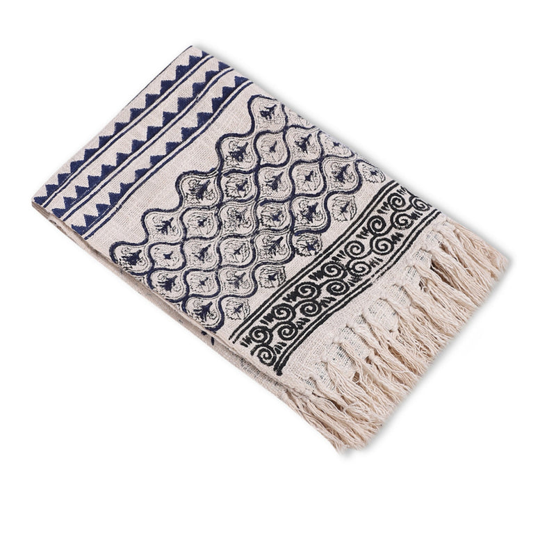 Cotton Throw Blanket 130 x 180 cm, Handcrafted Block Printed White & Black Cotton Throw with Tassel Edges, Soft Lightweight Sofa, Couch & Bed Cover, Breathable All-Season Home Décor
