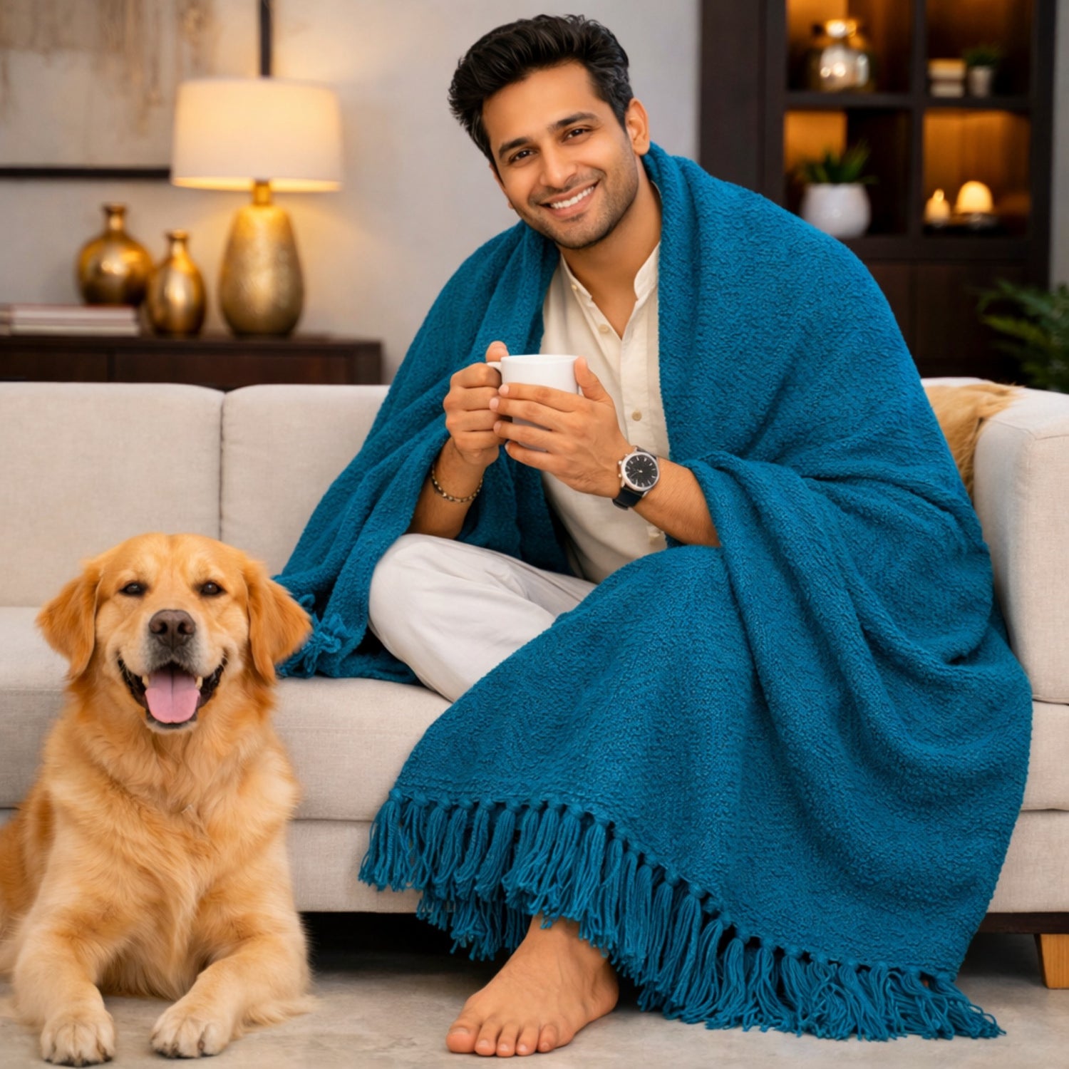 Teal Serenity Herringbone Pattern Weaved Throw