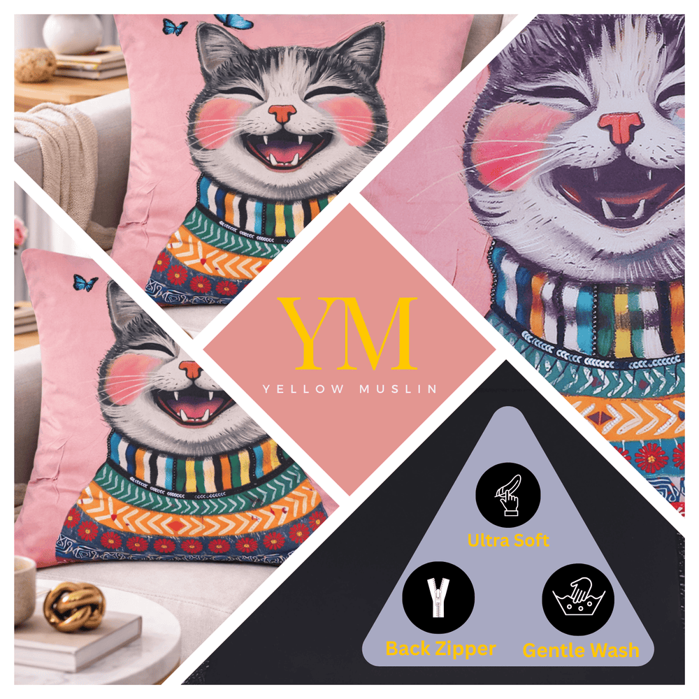 Hand Embroidered Joyful Cat Cushion Cover