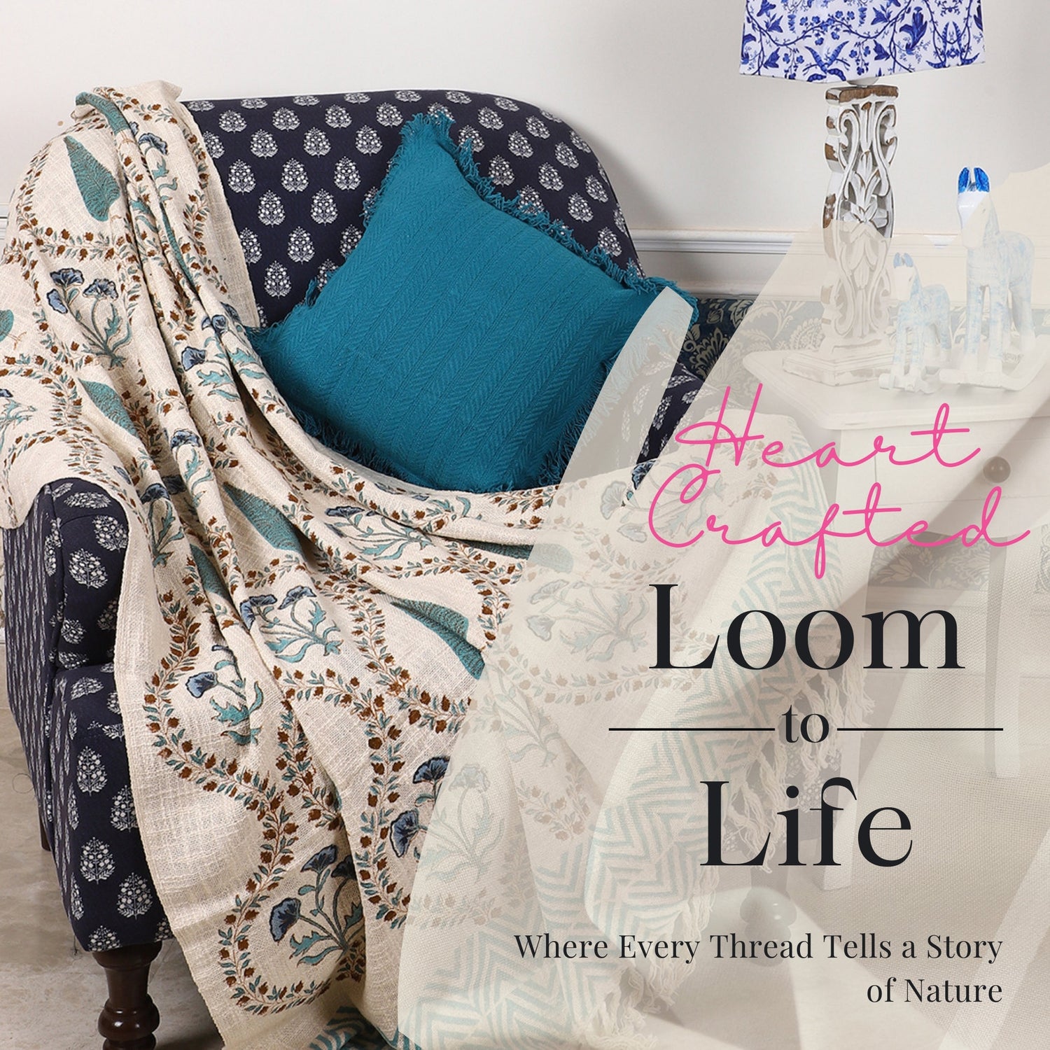 Teal Garden Heritage Hand Block Printed Throw