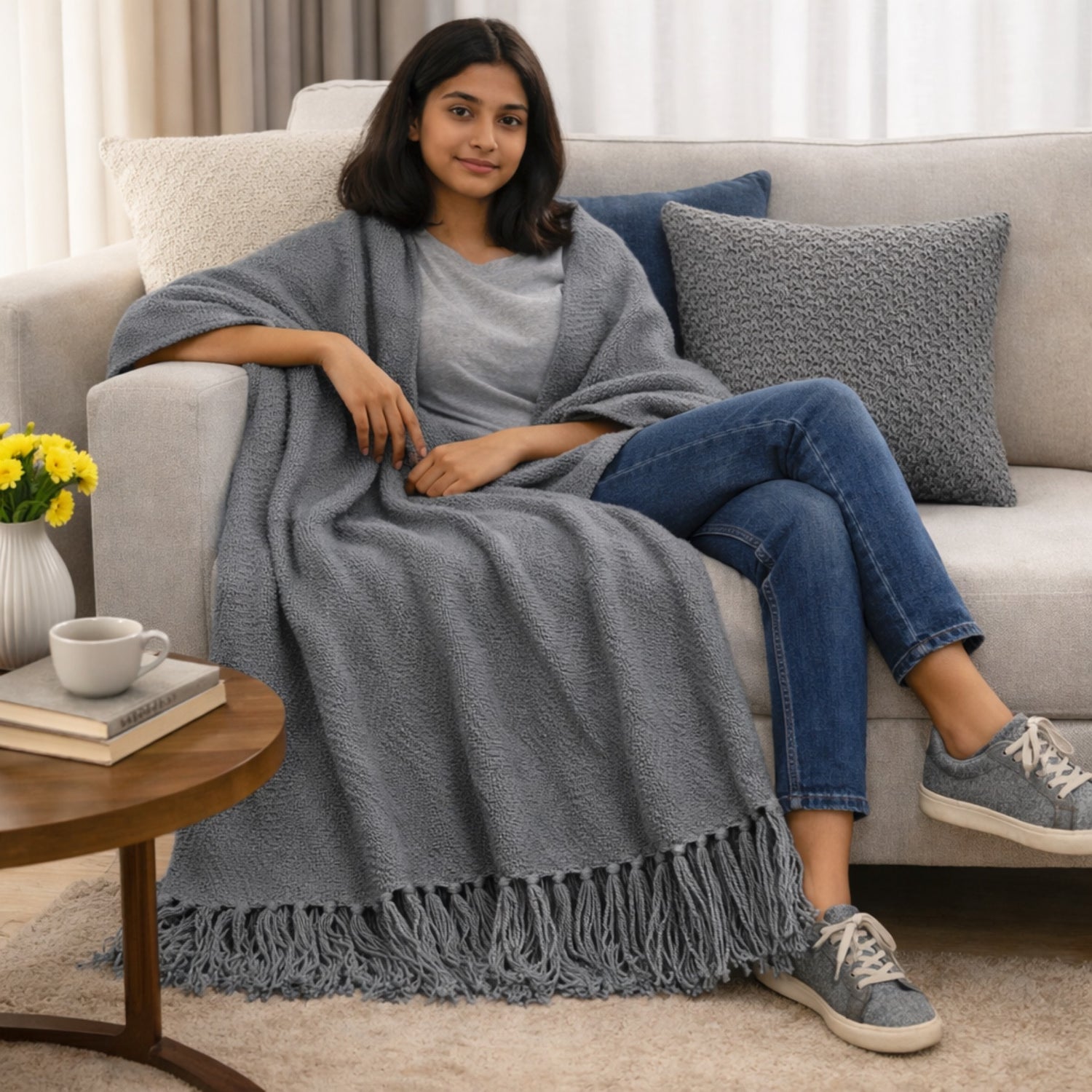 Grey Herringbone Weave Cotton Throw