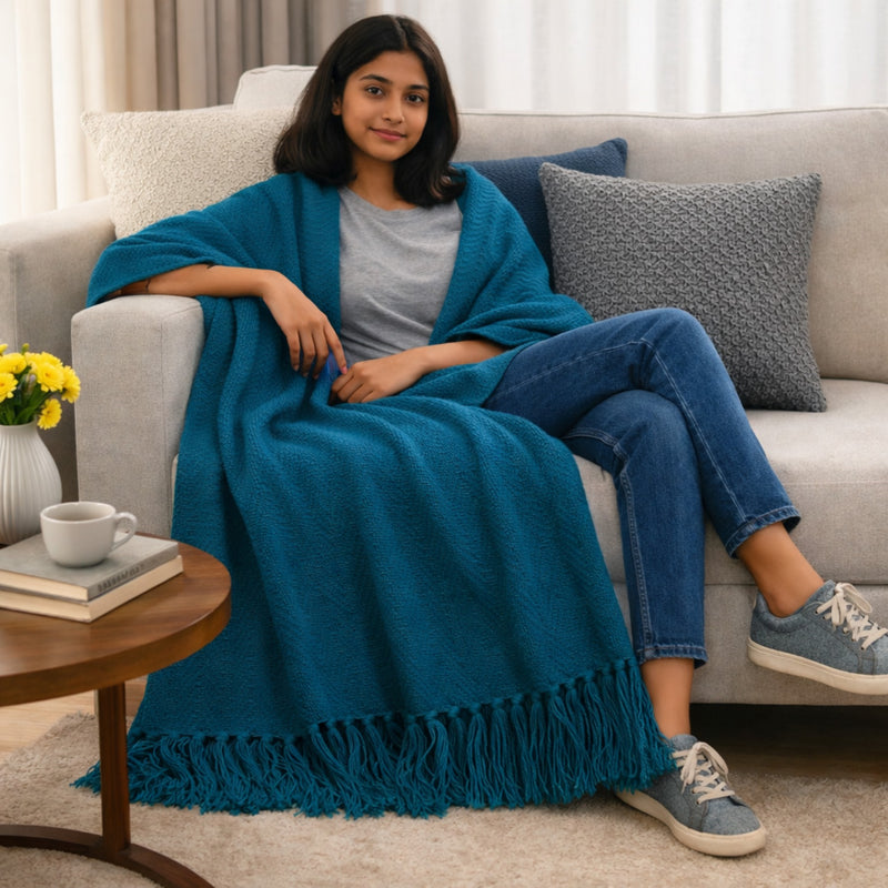 Teal Serenity Herringbone Pattern Weaved Throw