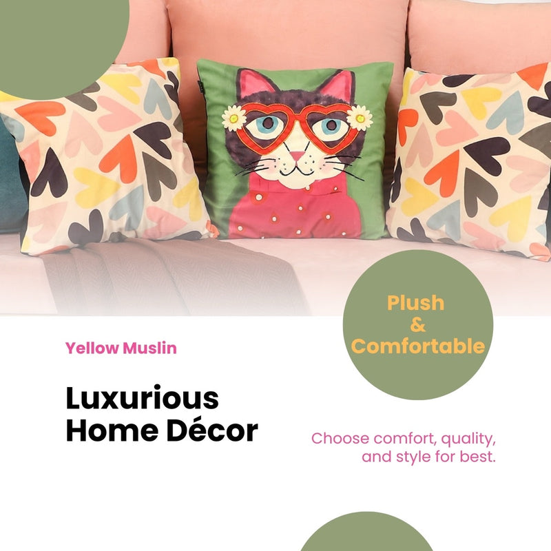 Playful Cat Embroidered Velvet Cushion Covers – Set of 3