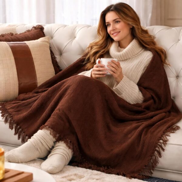 Brown Herringbone 130 x 180 cm Cotton Throw with Tassels | Designer Niharika Pandey | Yellow Muslin Home Décor