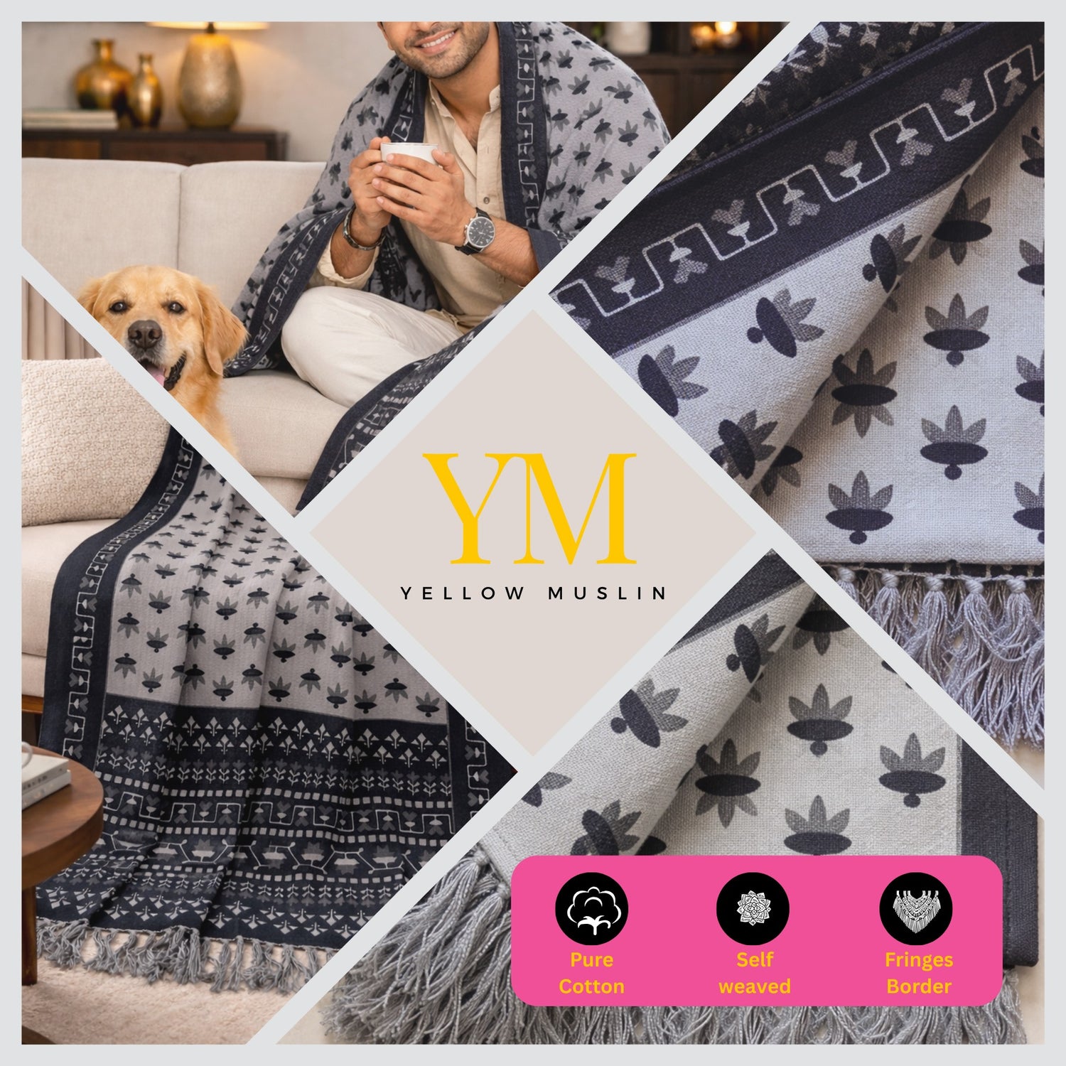 Monochrome Artisan Hand Printed Throw