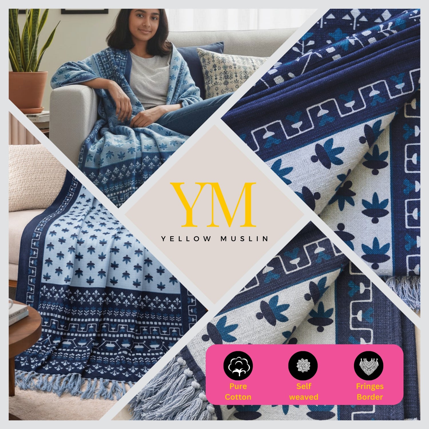 Blue Heritage Folk Hand Printed Throw
