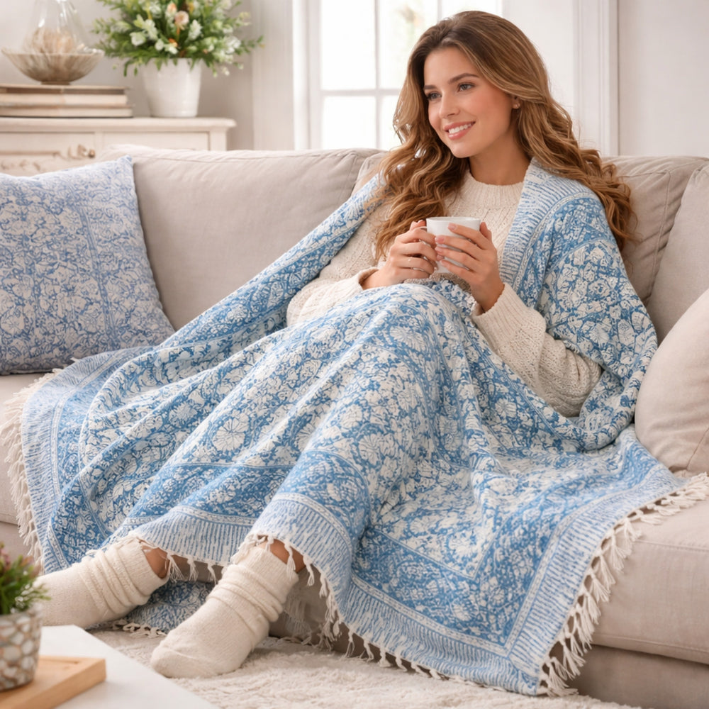 Indigo Bloom Hand Block Printed All-Season Throw