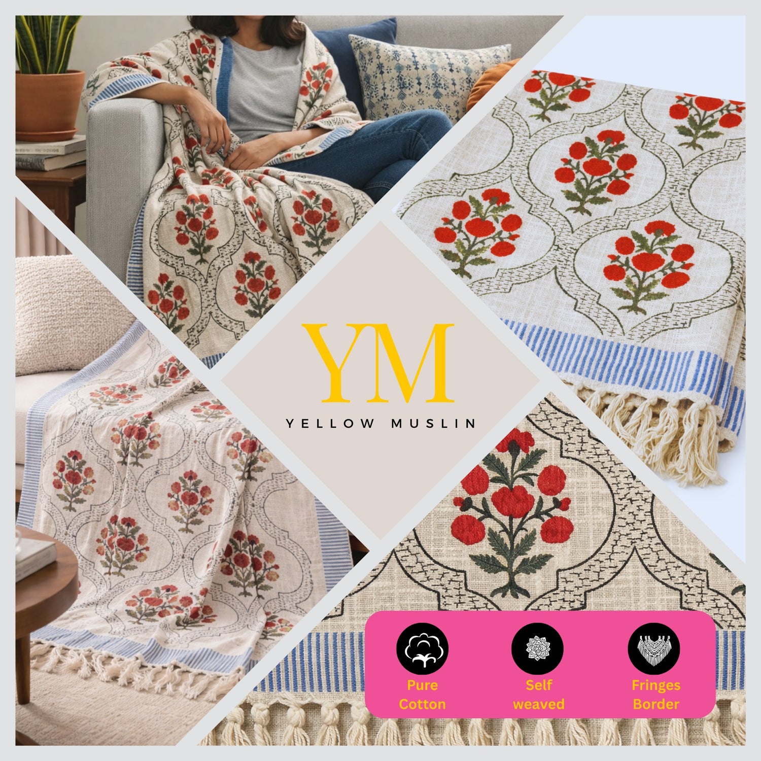 Rose Heritage Hand Block Printed All-Season Throw
