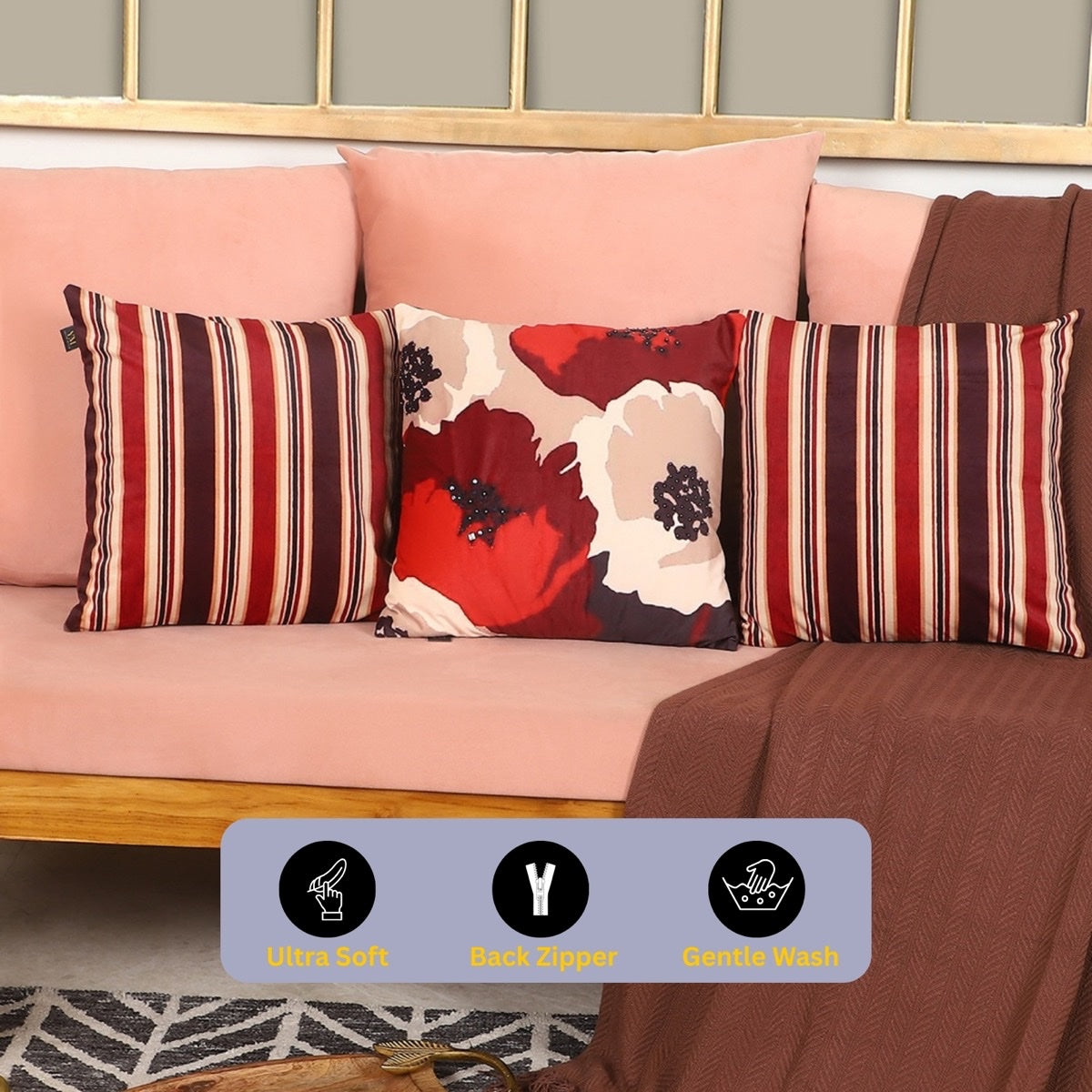 Retro Maroon& ivory  Velvet Cushion Covers – Set of 3