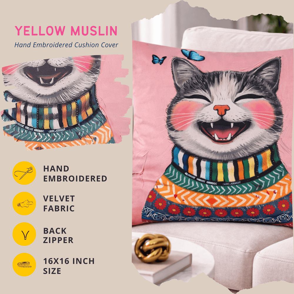 Hand Embroidered Joyful Cat Cushion Cover
