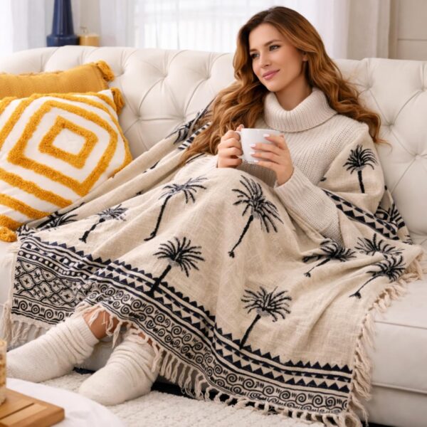 Black Palm Tree Printed 130 x 180 cm Cotton Throw with Tassels | Designer Niharika Pandey | Yellow Muslin