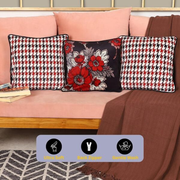 Premium Velvet Cushion Covers Set of 3 – Abstract Floral Square 16×16 Decorative Pillowcases