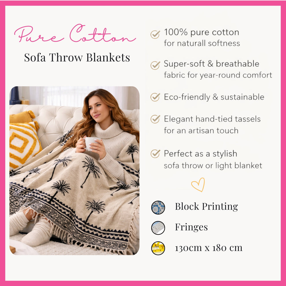 Cotton Throw Blanket 130 x 180 cm, Handcrafted Block Printed White & Black Cotton Throw with Tassel Edges, Soft Lightweight Sofa, Couch & Bed Cover, Breathable All-Season Home Décor