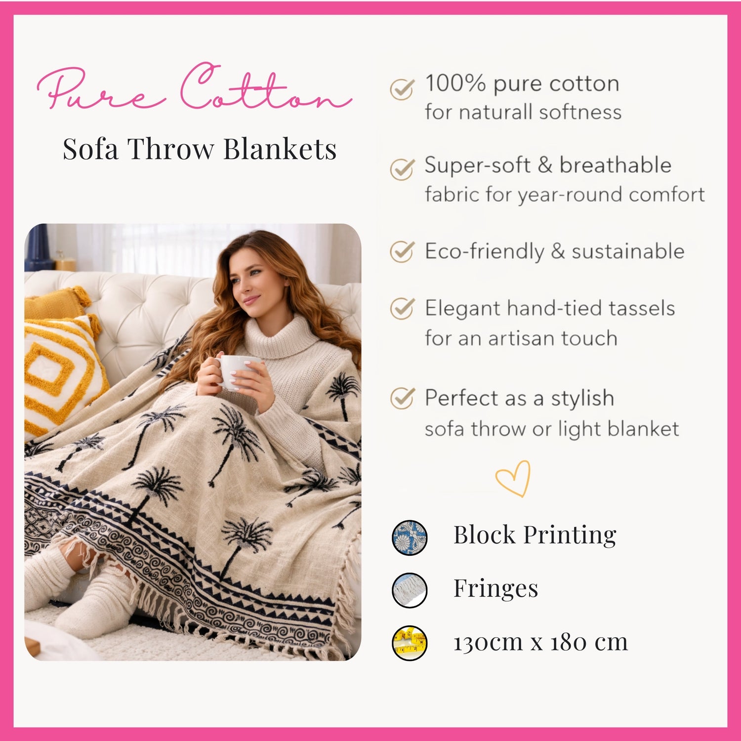Cotton Throw Blanket 130 x 180 cm, Handcrafted Block Printed White & Black Cotton Throw with Tassel Edges, Soft Lightweight Sofa, Couch & Bed Cover, Breathable All-Season Home Décor