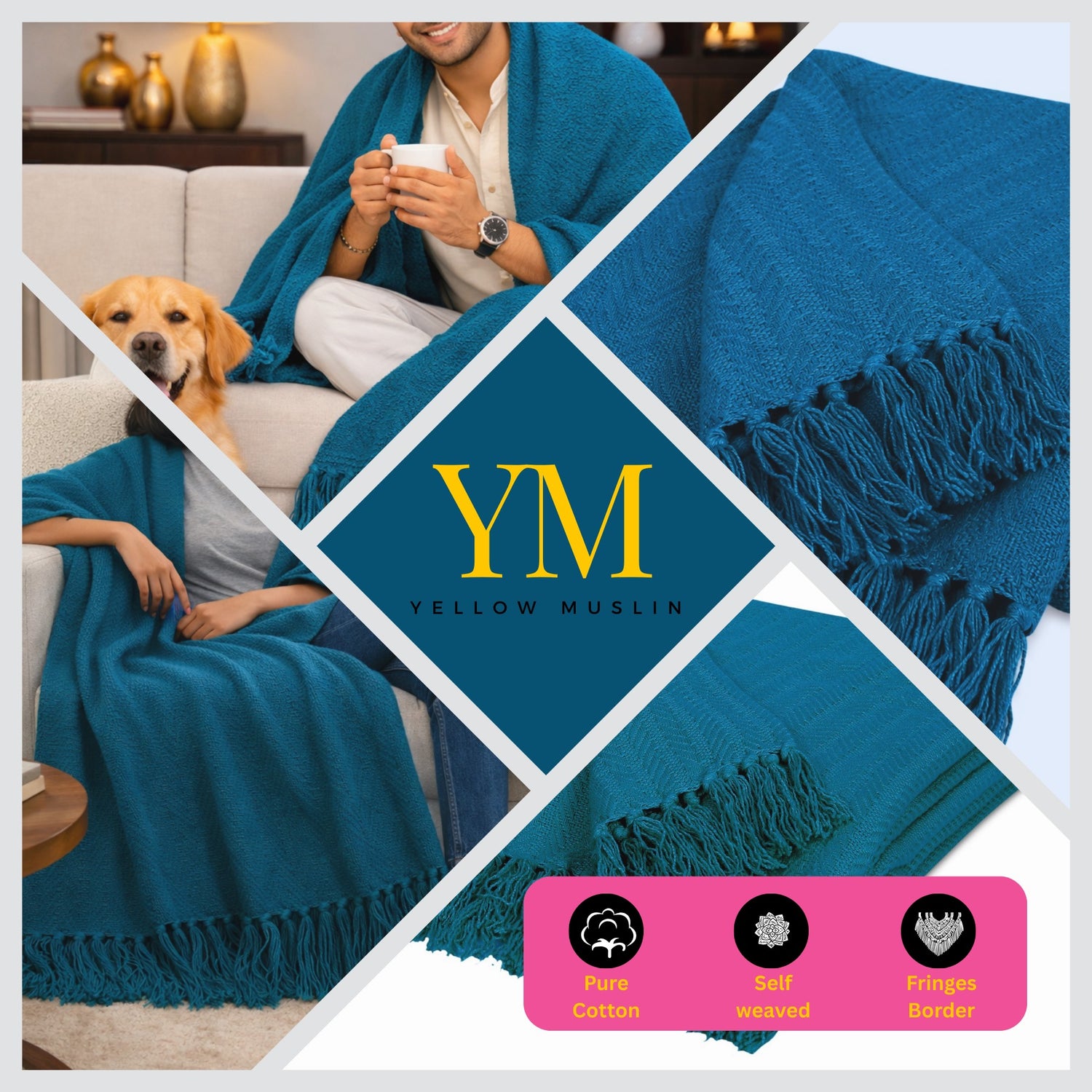 Teal Serenity Herringbone Pattern Weaved Throw