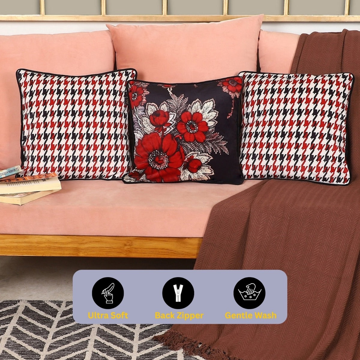 Hand Embroidered Poppy Velvet Cushion Covers – Set of 3