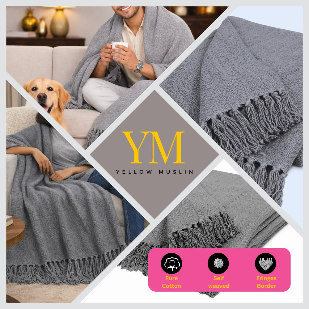 Grey Herringbone Weave Cotton Throw