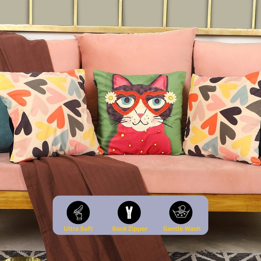 Playful Cat Embroidered Velvet Cushion Covers – Set of 3