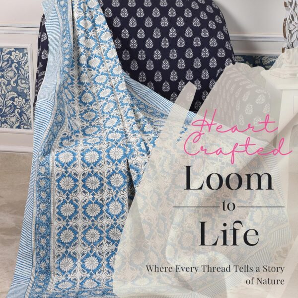 Hand Block Printed 130 x 180cm Cotton Throw – Blue Floral Jaipuri Design by Niharika Pandey | Yellow Muslin