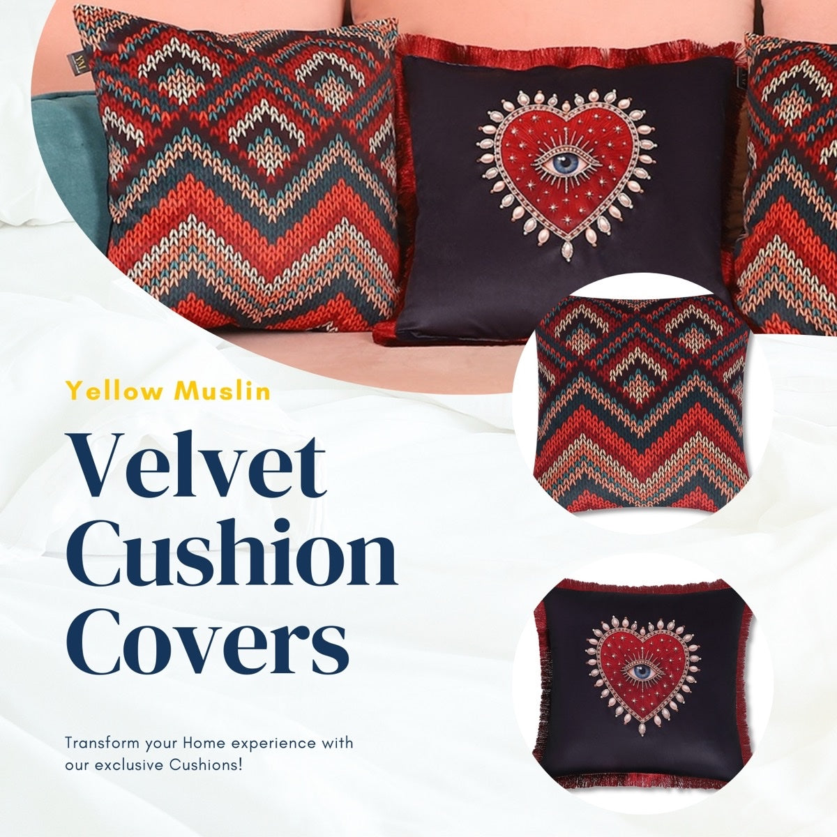 Evil Eye Heritage Velvet Cushion Cover – Set of 3