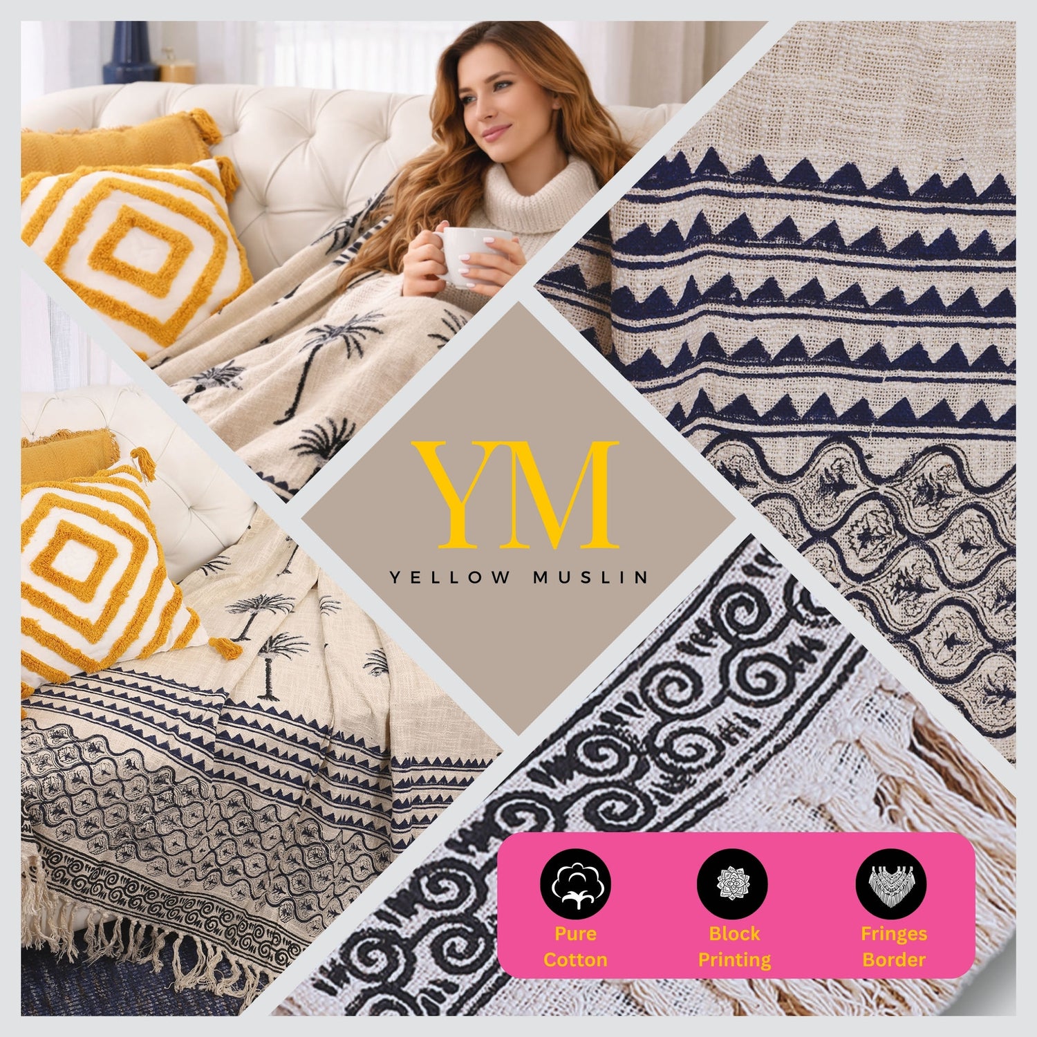 Cotton Throw Blanket 130 x 180 cm, Handcrafted Block Printed White & Black Cotton Throw with Tassel Edges, Soft Lightweight Sofa, Couch & Bed Cover, Breathable All-Season Home Décor