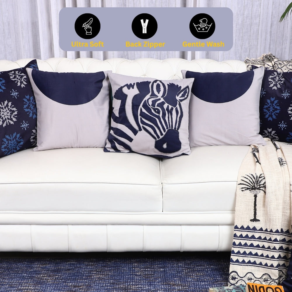 Indigo Safari Hand Embroidered Cushion Cover – Set of 5