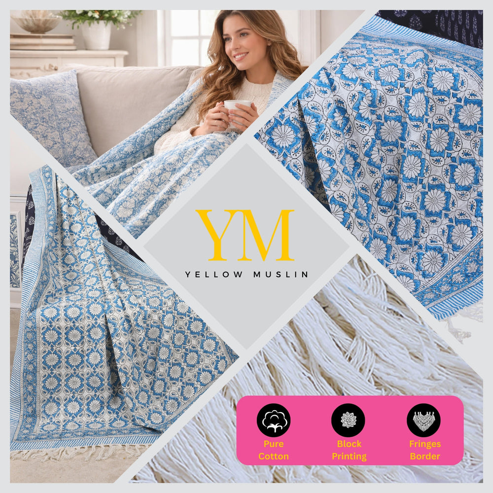 Indigo Bloom Hand Block Printed All-Season Throw