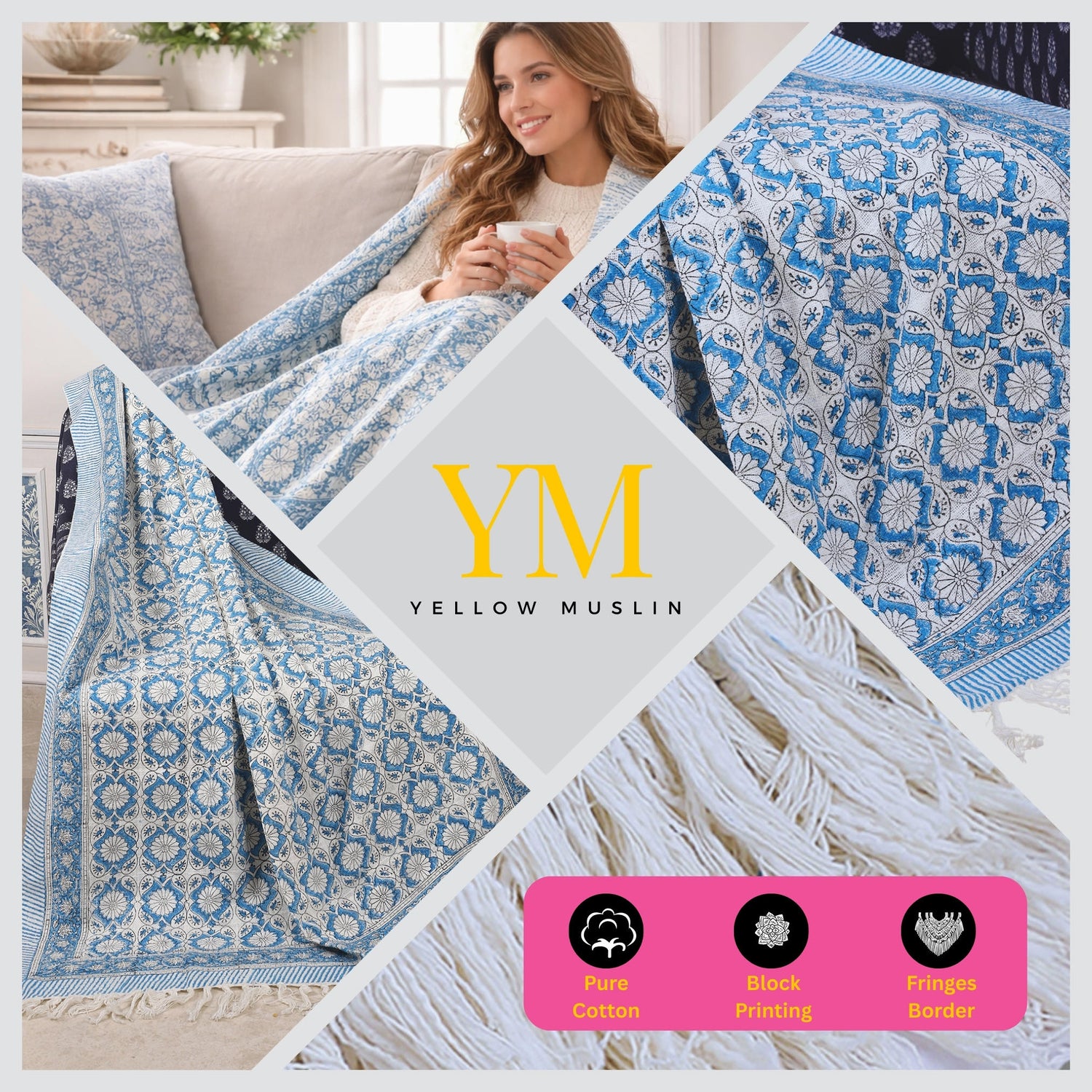 Indigo Bloom Hand Block Printed All-Season Throw