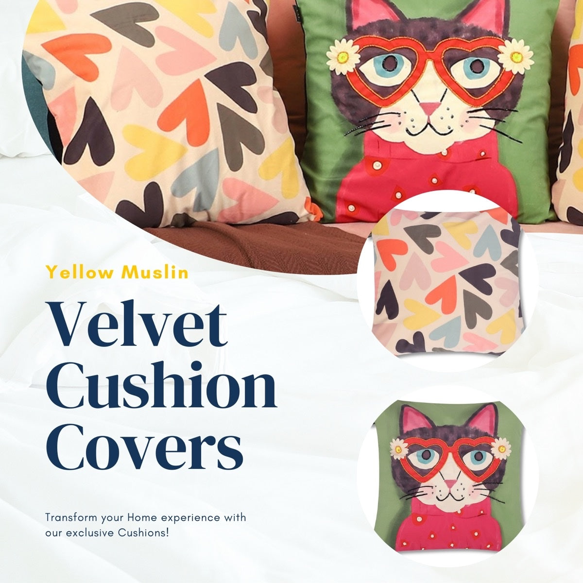 Playful Cat Embroidered Velvet Cushion Covers – Set of 3