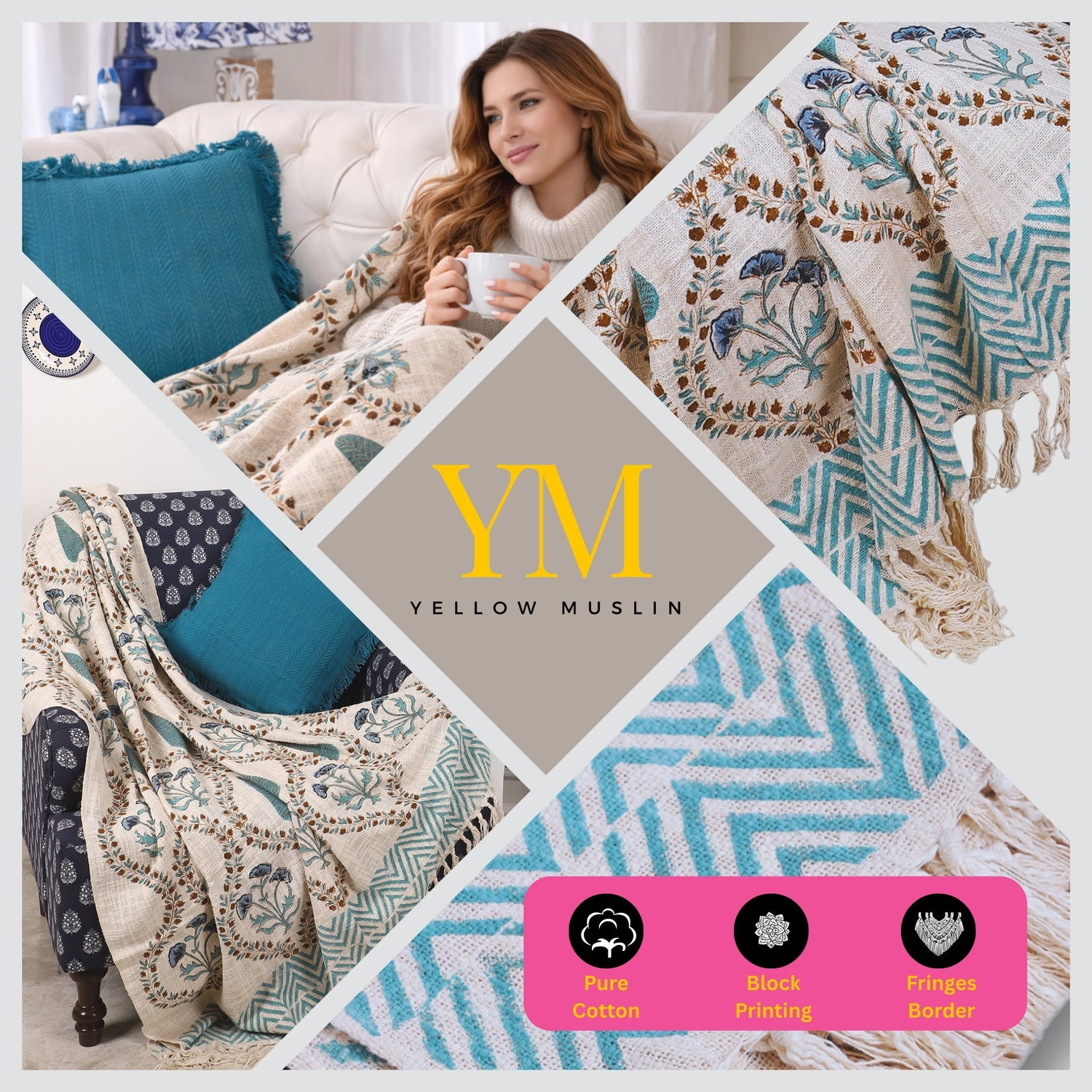 Teal Garden Heritage Hand Block Printed Throw