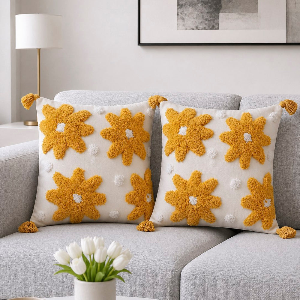 Hand Tufted Daisy Cotton Cushion Covers – Set of 2
