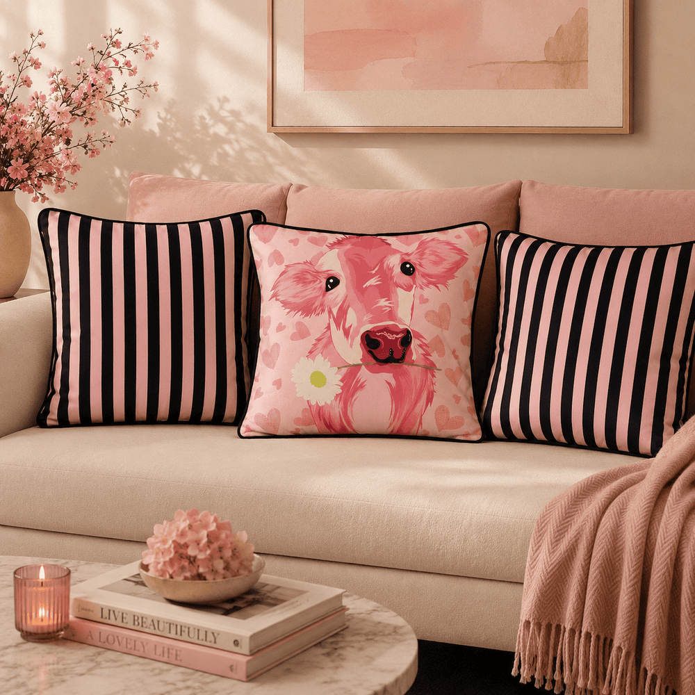 Country Chic Cow & Stripe Hand Embroidered Velvet Cushion Covers – Set of 3