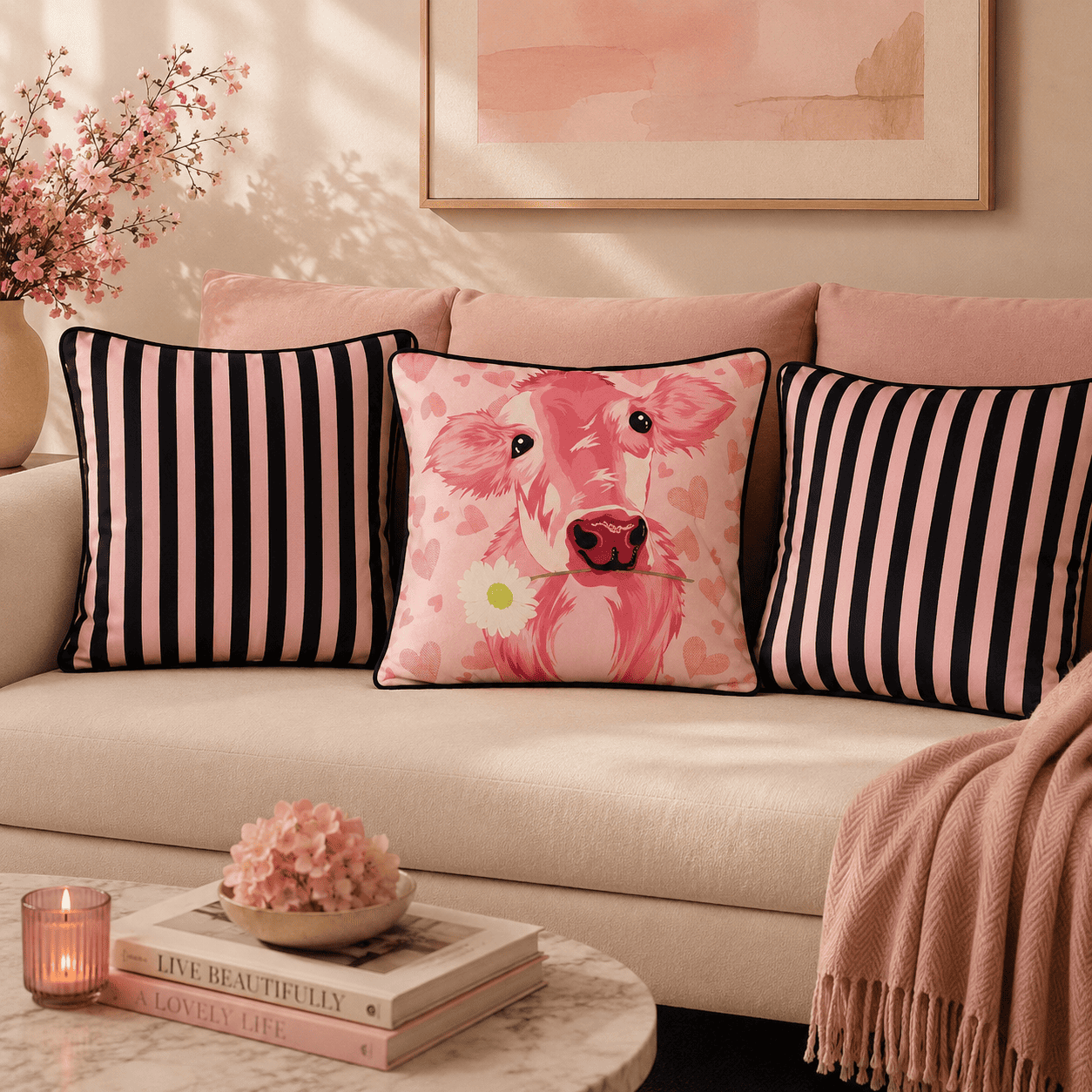 Country Chic Cow & Stripe Hand Embroidered Velvet Cushion Covers – Set of 3