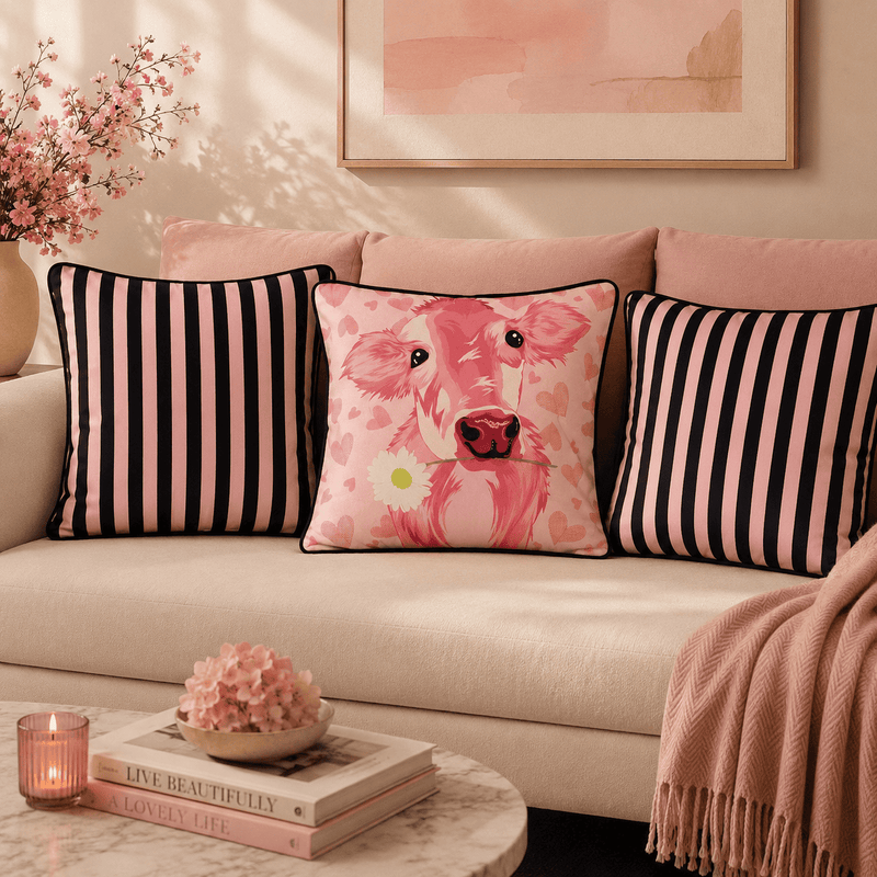 Country Chic Cow & Stripe Hand Embroidered Velvet Cushion Covers – Set of 3