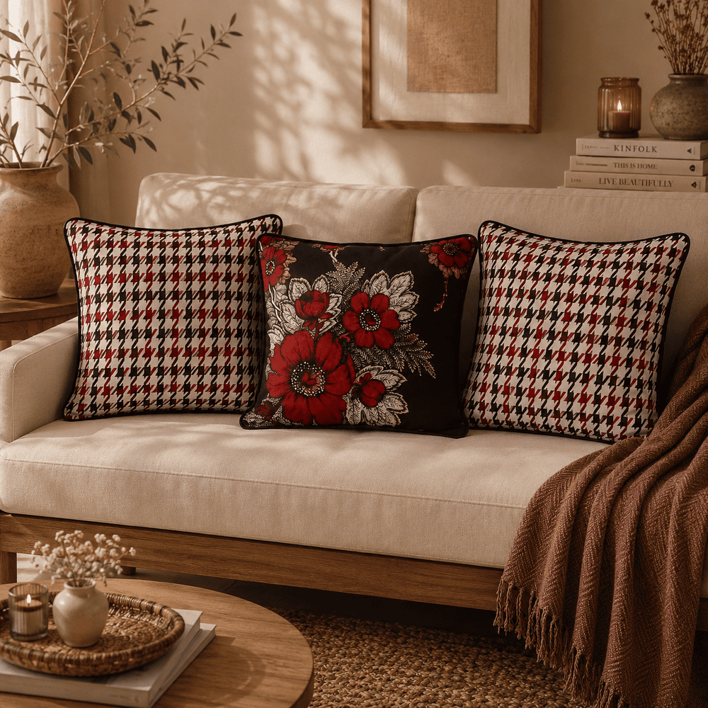 Hand Embroidered Poppy Velvet Cushion Covers – Set of 3