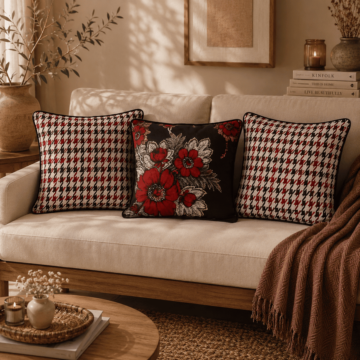 Hand Embroidered Poppy Velvet Cushion Covers – Set of 3