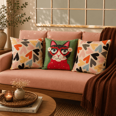 Playful Cat Embroidered Velvet Cushion Covers – Set of 3