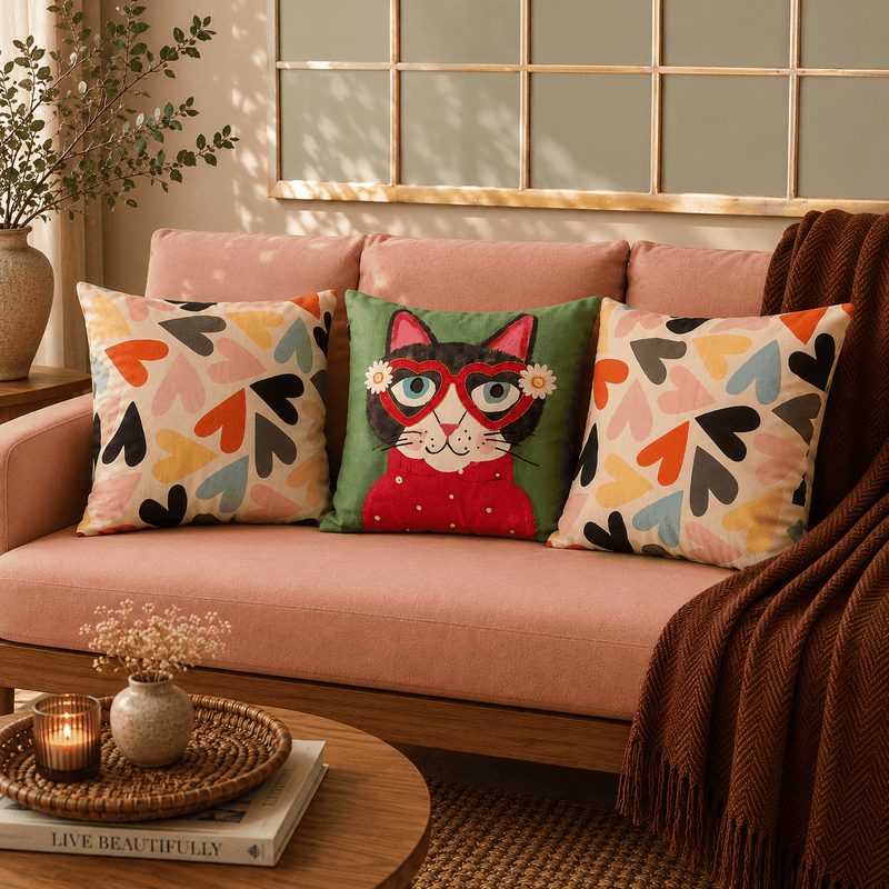 Playful Cat Embroidered Velvet Cushion Covers – Set of 3